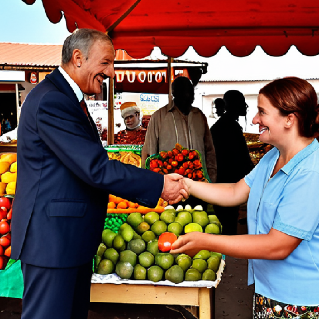 **A bustling local market in Sainte-Lucie, showcasing vendors with vibrant displays of fruits, vegetables, and handicrafts. In the background, a politician shakes hands with a smiling merchant, symbolizing the support for small and medium-sized enterprises (SMEs). The overall tone is optimistic and conveys economic diversification and growth.**