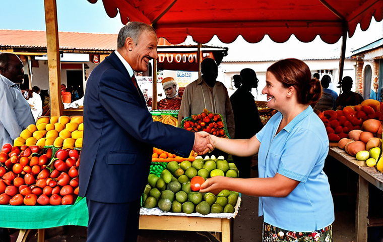 **A bustling local market in Sainte-Lucie, showcasing vendors with vibrant displays of fruits, vegetables, and handicrafts. In the background, a politician shakes hands with a smiling merchant, symbolizing the support for small and medium-sized enterprises (SMEs). The overall tone is optimistic and conveys economic diversification and growth.**