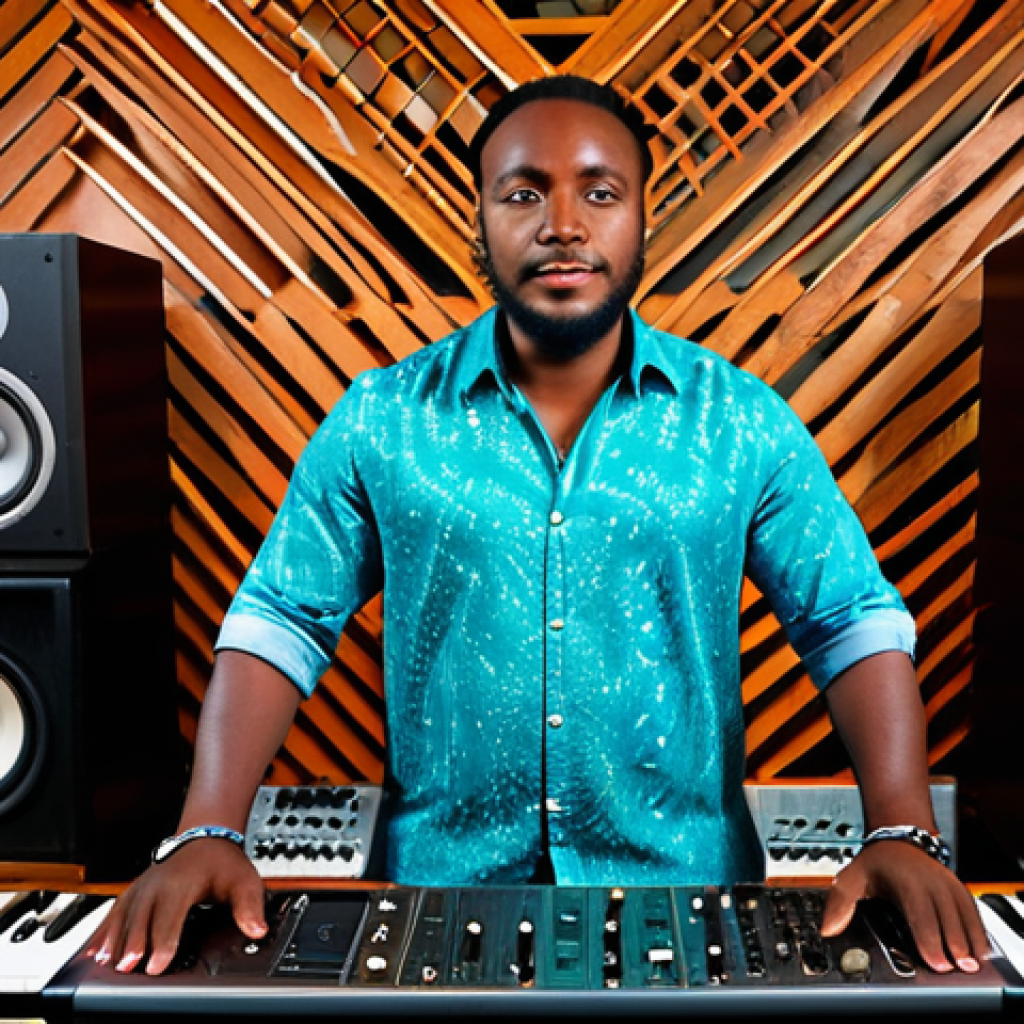 A professional male musician from Saint Lucia, dressed in a stylish, modest professional outfit that subtly incorporates Caribbean patterns, fully clothed, appropriate attire, professional dress. He is standing in a modern recording studio, surrounded by a blend of contemporary music equipment like a synthesizer and studio monitors, alongside traditional Saint Lucian drums and a creole guitar. The background features warm, ambient lighting with subtle hints of tropical foliage. Professional studio photography, high resolution, perfect anatomy, correct proportions, natural pose, well-formed hands, proper finger count, natural body proportions, vibrant colors, safe for work, appropriate content, family-friendly, fully clothed.