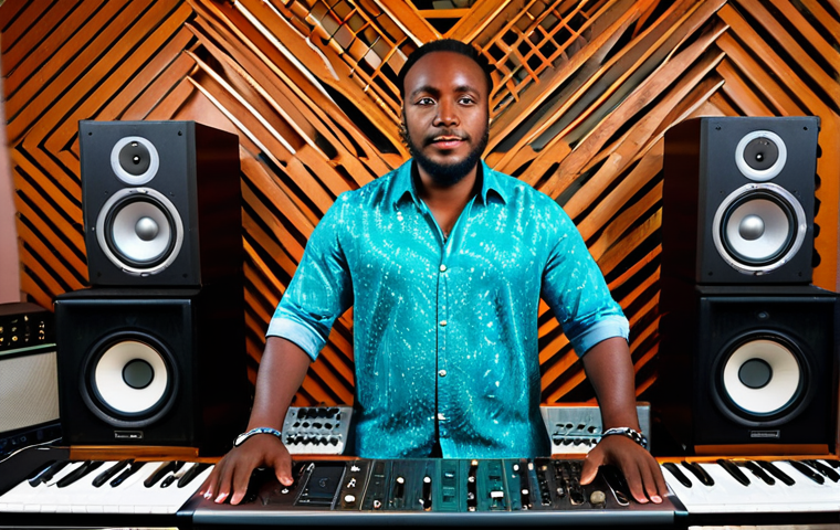 A professional male musician from Saint Lucia, dressed in a stylish, modest professional outfit that subtly incorporates Caribbean patterns, fully clothed, appropriate attire, professional dress. He is standing in a modern recording studio, surrounded by a blend of contemporary music equipment like a synthesizer and studio monitors, alongside traditional Saint Lucian drums and a creole guitar. The background features warm, ambient lighting with subtle hints of tropical foliage. Professional studio photography, high resolution, perfect anatomy, correct proportions, natural pose, well-formed hands, proper finger count, natural body proportions, vibrant colors, safe for work, appropriate content, family-friendly, fully clothed.
