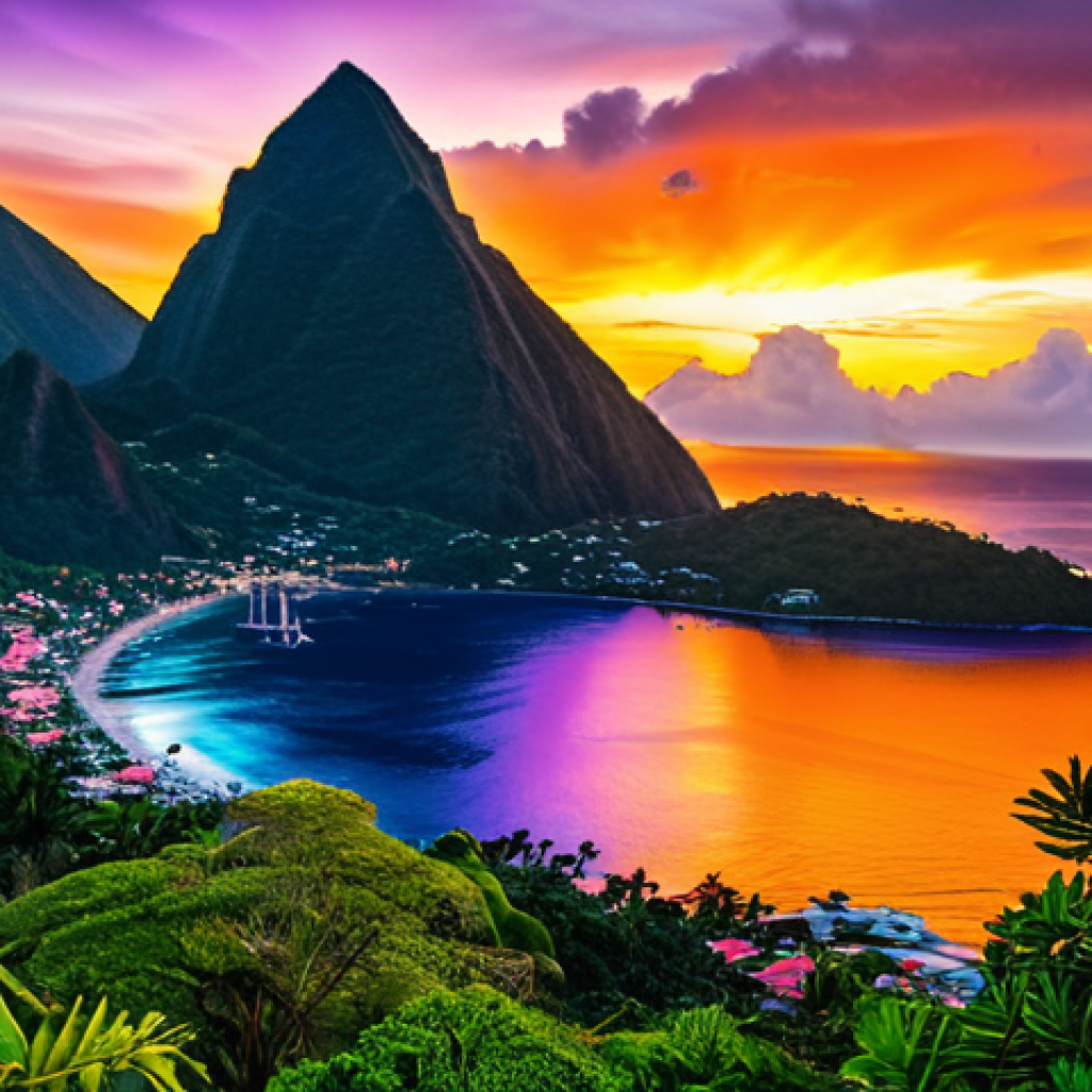 A breathtaking sunrise over the iconic Pitons of Saint Lucia, casting vibrant hues of rose, orange, purple, and gold across the tranquil sky and calm Caribbean Sea. Lush tropical foliage frames the foreground, with the majestic volcanic peaks silhouetted against the emerging light. The scene embodies peace and natural beauty, evoking a sense of calm and wonder. Professional landscape photography, high resolution, ultra-realistic, vibrant colors, incredible detail, safe for work, appropriate content, family-friendly.