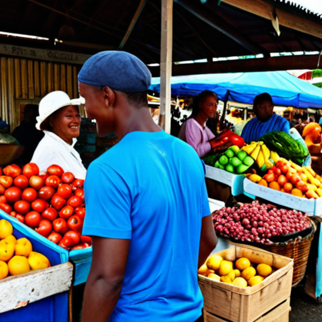Local Market Scene**

"A vibrant and bustling Saint Lucian marketplace, filled with colorful fruits, vegetables, and spices. Fully clothed vendors are smiling and interacting with customers. In the background, traditional Caribbean architecture can be seen. The scene is full of life and energy, showcasing the local culture. Safe for work, appropriate content, fully clothed, professional, perfect anatomy, natural proportions, professional photography, high quality."

**