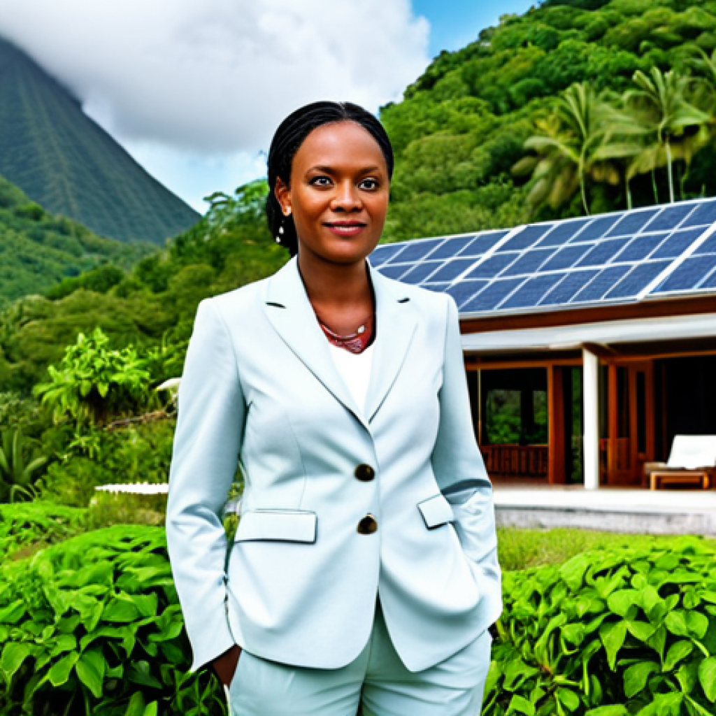 **

"A professional businesswoman in a modest business suit, standing in front of a sustainable eco-tourism resort in Saint Lucia, fully clothed, appropriate attire, safe for work, perfect anatomy, natural proportions, professional photography, high quality, family-friendly. The resort features lush greenery and solar panels, showcasing sustainable practices, professional setting."

**