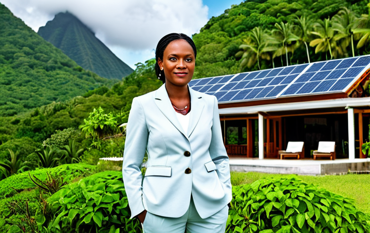 **

"A professional businesswoman in a modest business suit, standing in front of a sustainable eco-tourism resort in Saint Lucia, fully clothed, appropriate attire, safe for work, perfect anatomy, natural proportions, professional photography, high quality, family-friendly. The resort features lush greenery and solar panels, showcasing sustainable practices, professional setting."

**