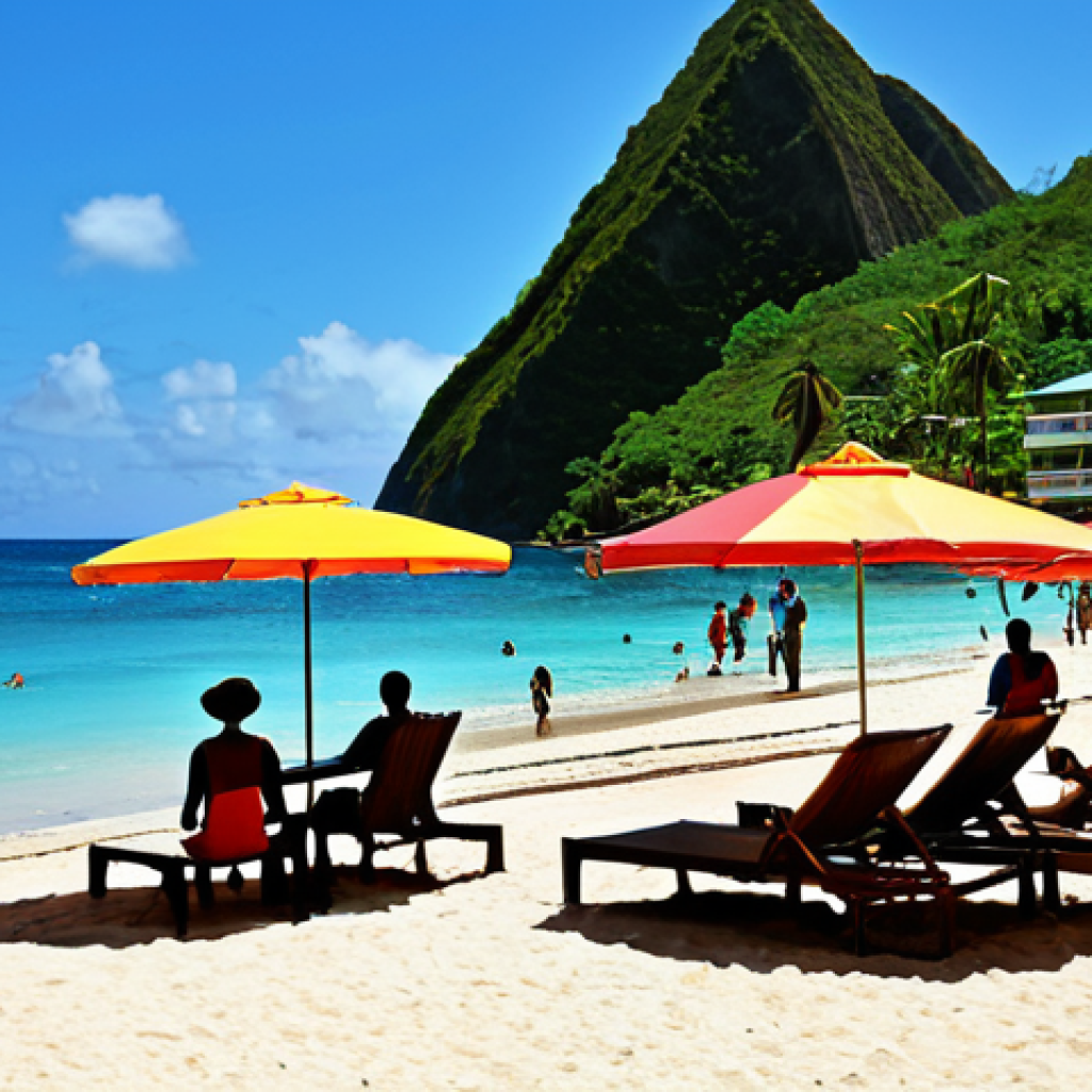 세인트루시아 범죄율 - Safe Beach Scene**

"A bright and sunny day at Reduit Beach in St. Lucia. Tourists are relaxing unde...