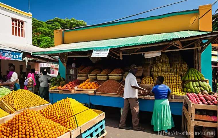 세인트루시아의 특산물 - **Vibrant Castries Market Scene with Spices and Fruits**
    A bustling, sun-drenched open-air marke...