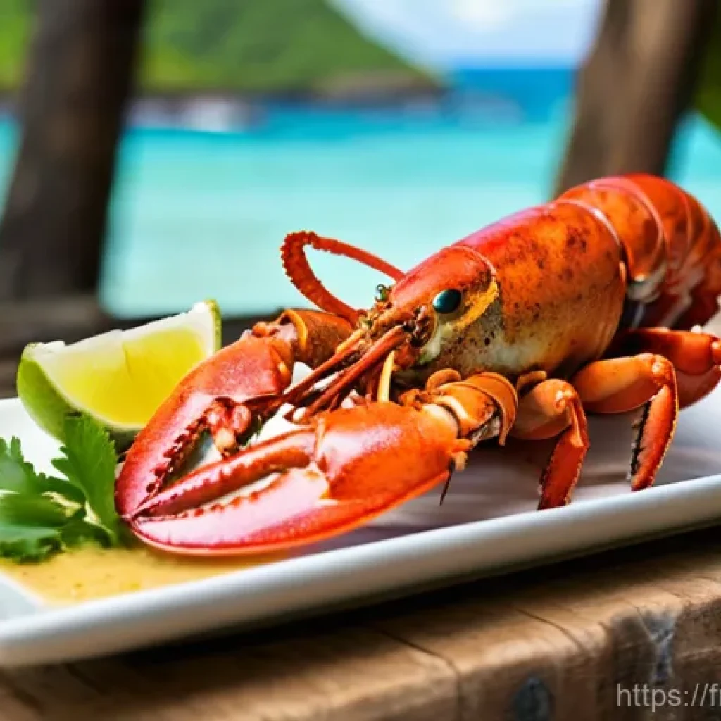 세인트루시아의 해산물 요리 - **Prompt:** A vibrant, mouth-watering close-up of a freshly grilled Caribbean lobster, served on a r...