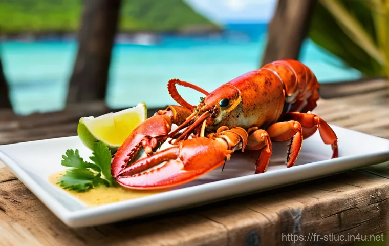 세인트루시아의 해산물 요리 - **Prompt:** A vibrant, mouth-watering close-up of a freshly grilled Caribbean lobster, served on a r...