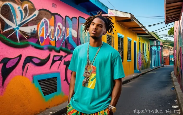 세인트루시아의 래퍼 - A young male hip-hop artist, in his mid-20s, with short dreadlocks and a confident expression, stand...