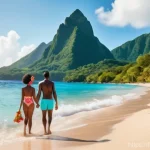 세인트루시아 경제 상황 - **Prompt:** A vibrant, sun-drenched scene on a pristine beach in Saint Lucia, with the majestic Pito...