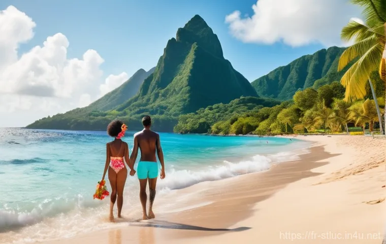 세인트루시아 경제 상황 - **Prompt:** A vibrant, sun-drenched scene on a pristine beach in Saint Lucia, with the majestic Pito...