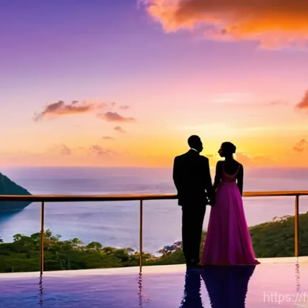 세인트루시아 신혼여행 코스 - **Prompt 1: Romantic Piton Panorama at Sunset**
    "A romantic couple, elegantly dressed in stylish...