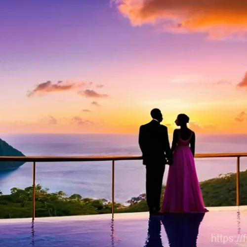 세인트루시아 신혼여행 코스 - **Prompt 1: Romantic Piton Panorama at Sunset**
    "A romantic couple, elegantly dressed in stylish...