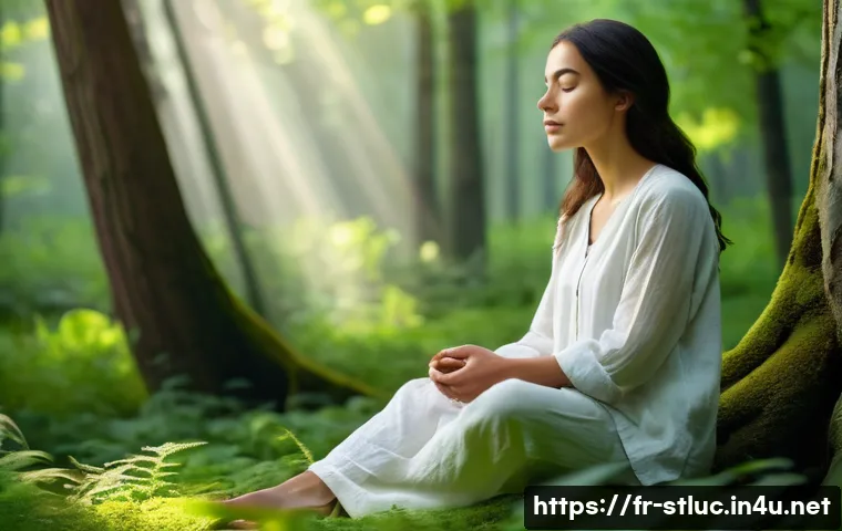 세인트루시아의 전통 치료법 - **Forest Bathing Serenity**
    "A serene young woman, in her late 20s, with a calm expression, sits...