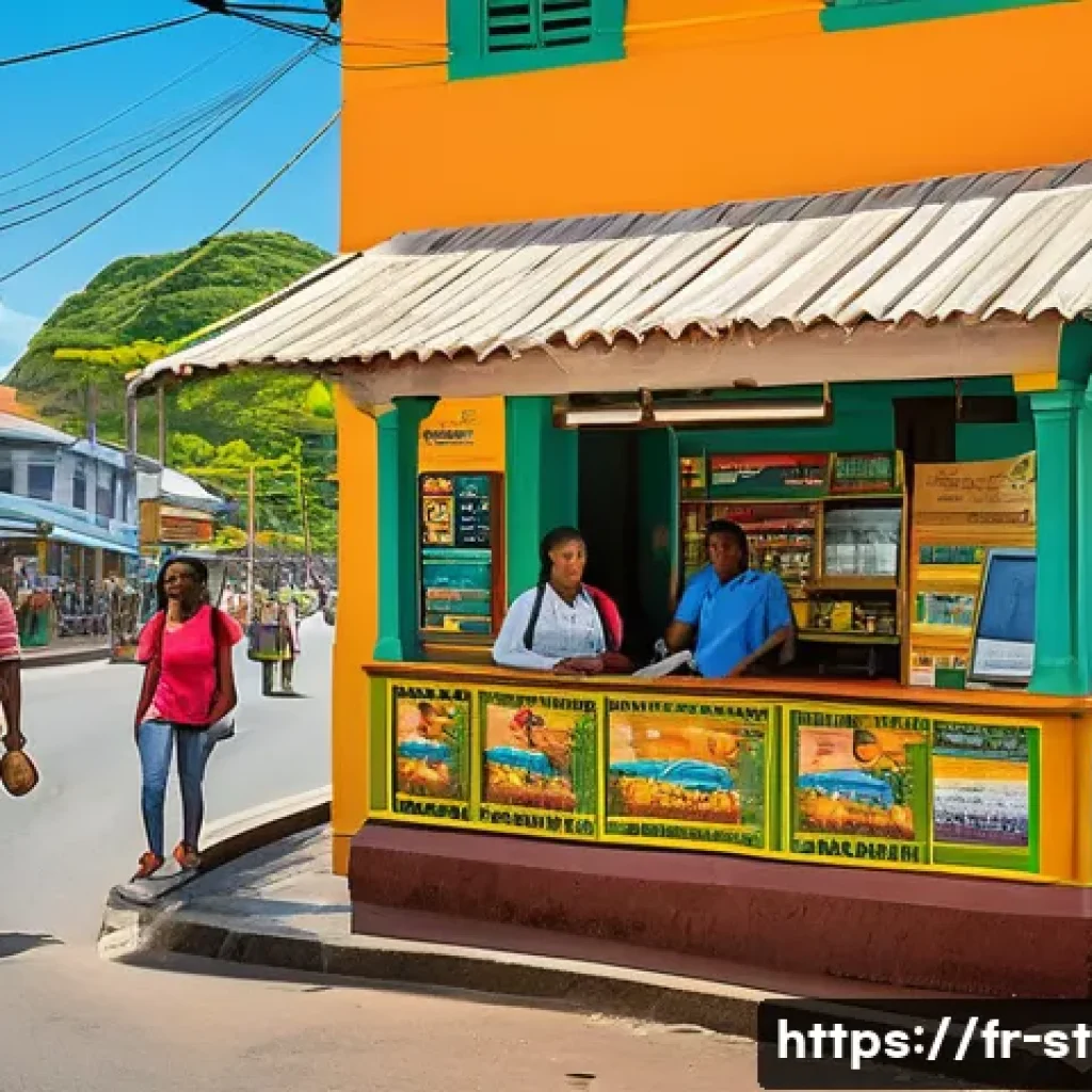 세인트루시아에서 불법 행위 사례 - A vibrant street scene in Saint Lucia showing local merchants cautiously accepting digital payments,...