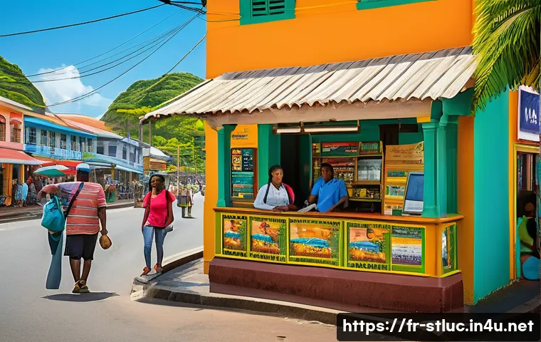 세인트루시아에서 불법 행위 사례 - A vibrant street scene in Saint Lucia showing local merchants cautiously accepting digital payments,...