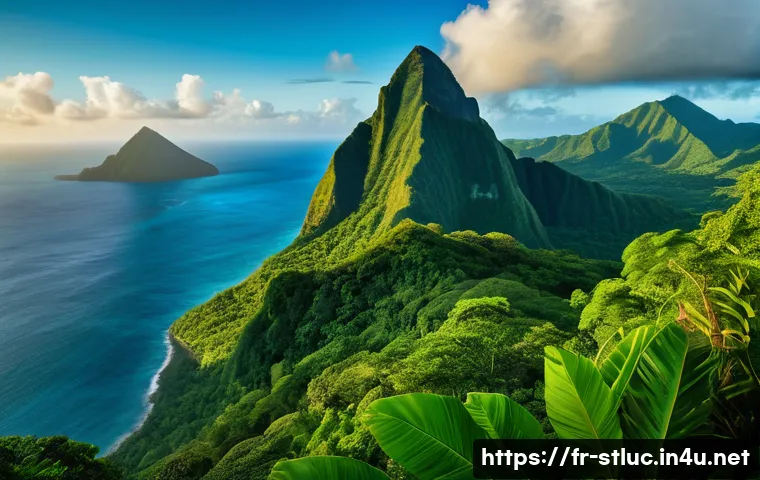 세인트루시아와 카리브해 다른 나라 비교 - A breathtaking view of the iconic Pitons volcanic peaks in Saint Lucia at sunrise, with lush tropica...