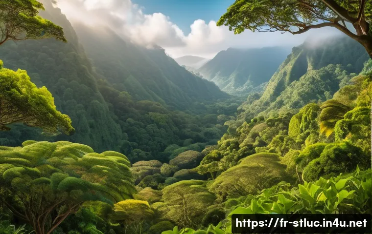 세인트루시아 피톤산 - A lush tropical forest scene in Saint Lucia at early morning light, dense with diverse endemic trees...