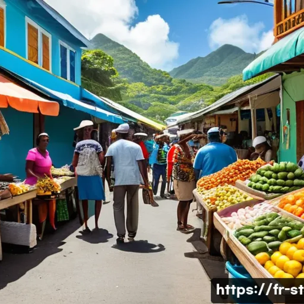 세인트루시아 로티 - A vibrant street market scene in Saint Lucia showcasing local vendors and shoppers exchanging the lo...