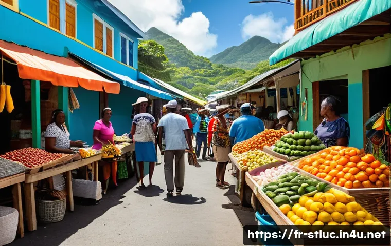 세인트루시아 로티 - A vibrant street market scene in Saint Lucia showcasing local vendors and shoppers exchanging the lo...