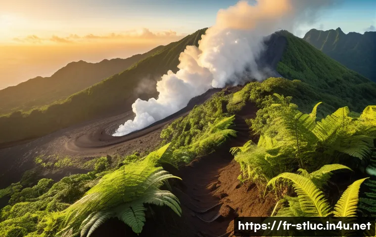 세인트루시아 화산 관광 - A panoramic view of a tropical volcanic trail winding up the lush green slopes of a Caribbean volcan...