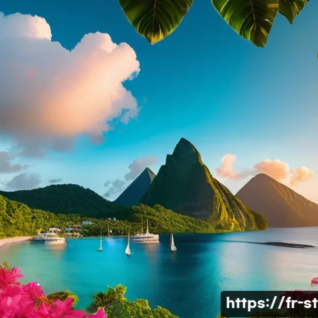 세인트루시아 관광 산업 - A breathtaking panoramic view of the Pitons in Saint Lucia at sunrise, showcasing the towering volca...