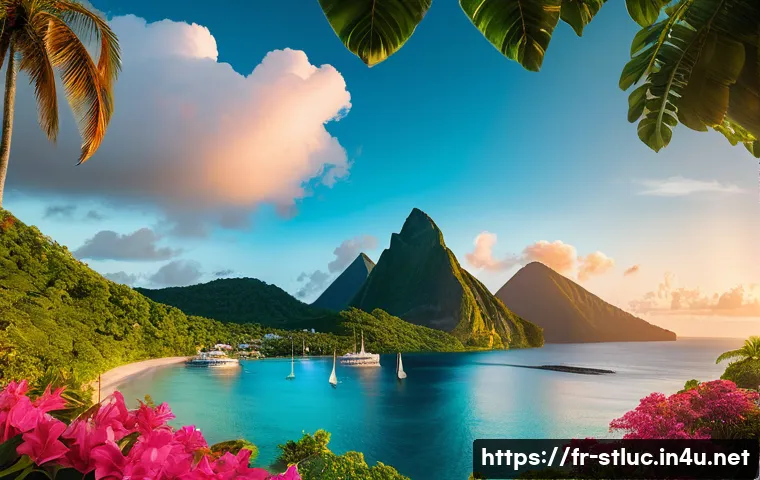 세인트루시아 관광 산업 - A breathtaking panoramic view of the Pitons in Saint Lucia at sunrise, showcasing the towering volca...