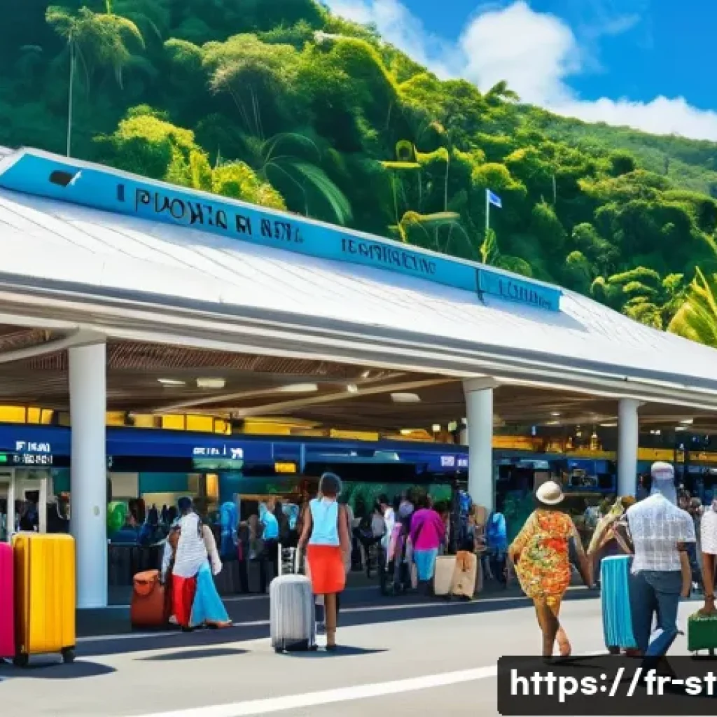 세인트루시아 항공권 가격 - A vibrant Caribbean airport scene in Saint Lucia during high season: bustling travelers dressed in l...