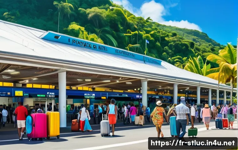 세인트루시아 항공권 가격 - A vibrant Caribbean airport scene in Saint Lucia during high season: bustling travelers dressed in l...