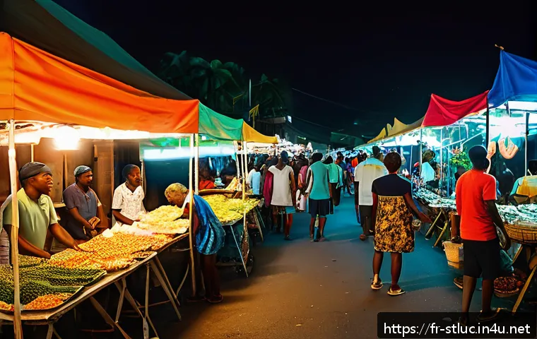 세인트루시아 위험 지역 - A bustling night market scene in the peripheral district of Castries, Saint Lucia, under warm street...