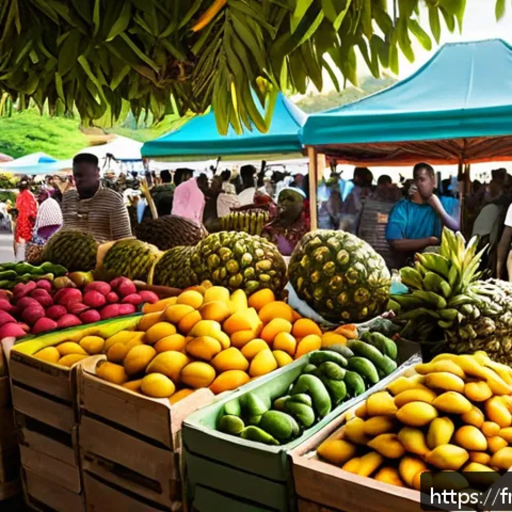 세인트루시아 음식 추천 - A vibrant street market scene in Castries, Saint Lucia, bursting with colorful tropical fruits like ...