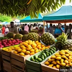 Home 22 세인트루시아 음식 추천 - A vibrant street market scene in Castries, Saint Lucia, bursting with colorful tropical fruits like ...