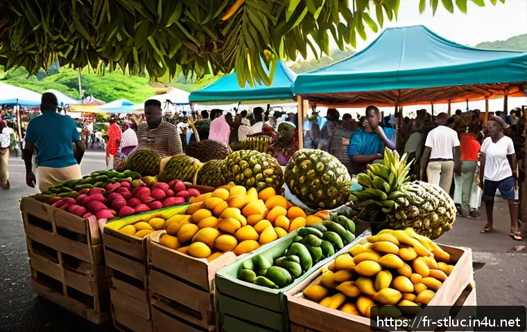 세인트루시아 음식 추천 - A vibrant street market scene in Castries, Saint Lucia, bursting with colorful tropical fruits like ...