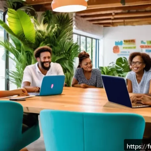 Home 33 세인트루시아의 신생 기업 스타트업 - A vibrant co-working incubator space in Saint Lucia filled with diverse young entrepreneurs collabor...