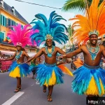 Home 20 세인트루시아 뉴스 및 언론 - A vibrant scene of the Sainte-Lucie Carnival at sunset, featuring a lively street parade with dancer...