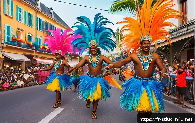 세인트루시아 뉴스 및 언론 - A vibrant scene of the Sainte-Lucie Carnival at sunset, featuring a lively street parade with dancer...