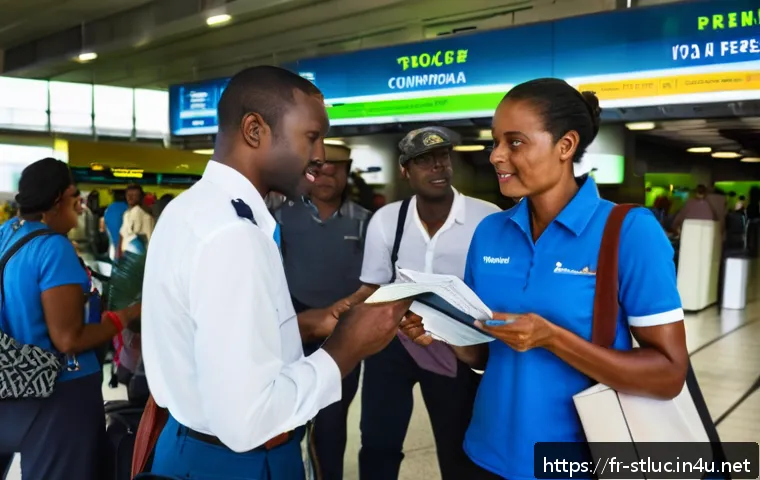 세인트루시아 비자 정보 - A detailed airport arrival scene at Saint Lucia&rsquo;s Hewanorra International Airport, showing a diverse...