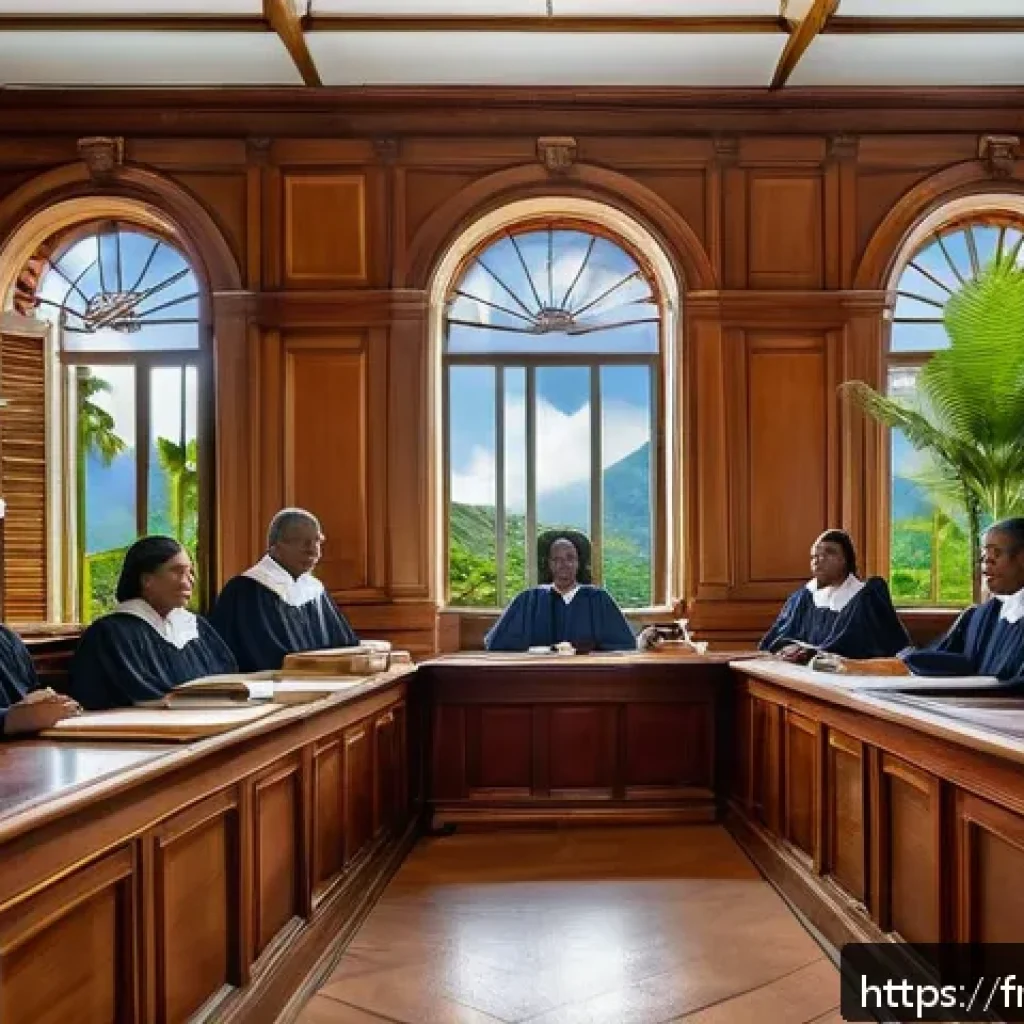 세인트루시아의 법 체계 - A detailed courtroom scene in Saint Lucia showcasing the fusion of British common law and French civ...