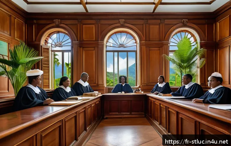 세인트루시아의 법 체계 - A detailed courtroom scene in Saint Lucia showcasing the fusion of British common law and French civ...
