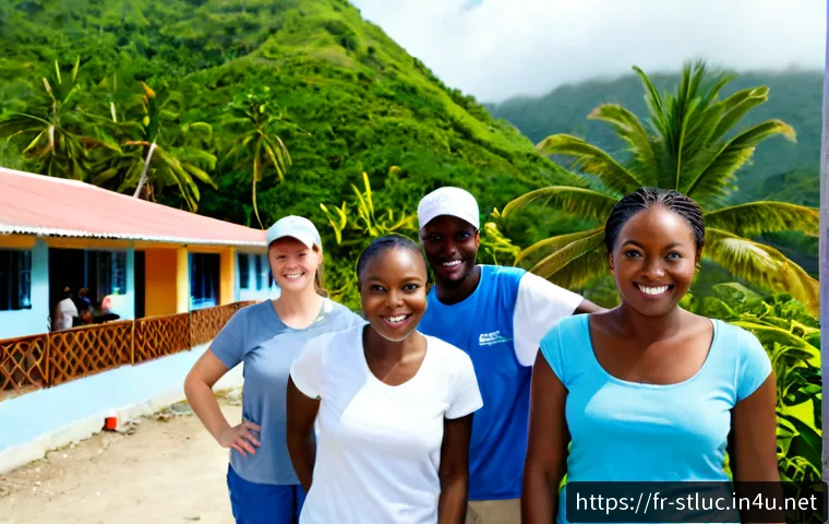 세인트루시아에서의 봉사활동 - Photorealistic community volunteering scene in Saint Lucia, a diverse group of adult volunteers and ...