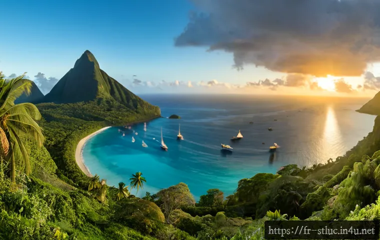 세인트루시아 유네스코 유산 - Photorealistic panoramic sunrise view of the Pitons Management Area in Saint Lucia, the twin volcani...